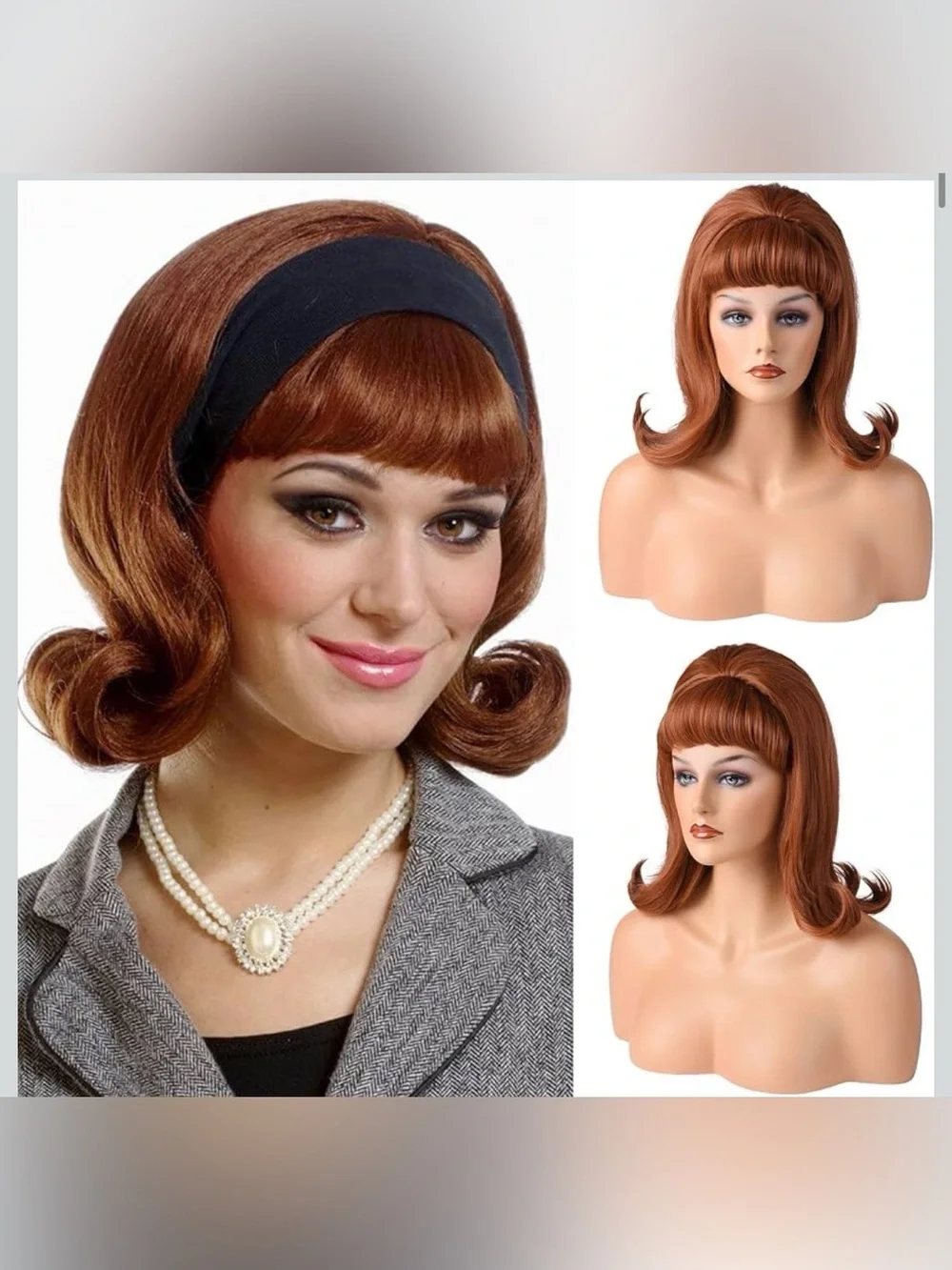NWT LONAI Retro Brown Wig 50s 60s 70s Wig with Bangs Synthetic Hair Ginger